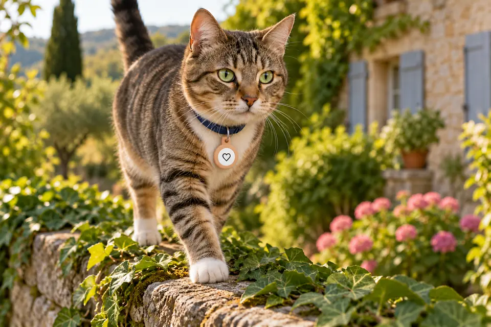 Chat tigré sur un muret de jardin, Médaille Localiser caramel au collier