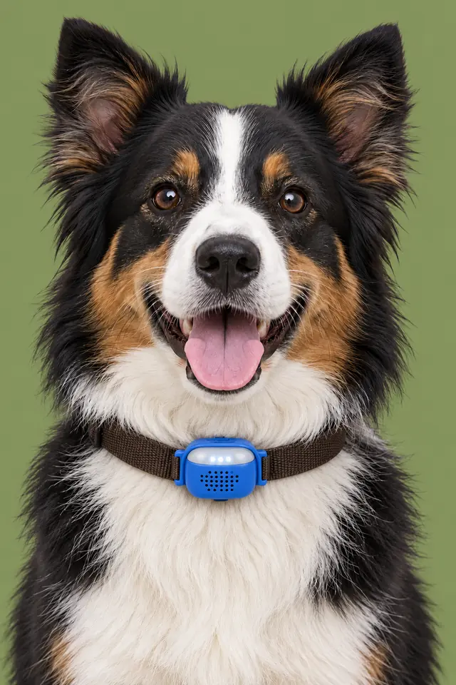 Berger australien qui porte le Traceur GPS 4G bleu, fixé par son attache silicone sur son propre collier